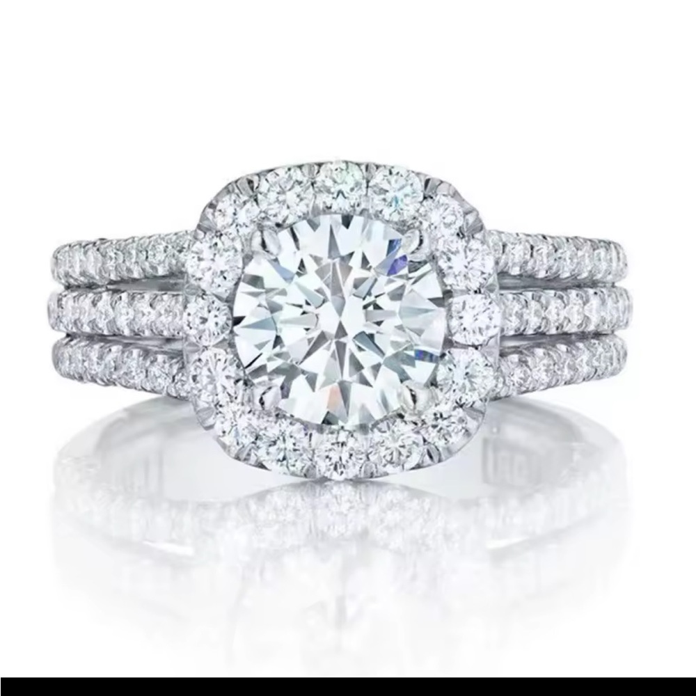 NEW! Silver Diamond Halo Ring 3 Rows Micro Pave NWT - Picture 4 of 7